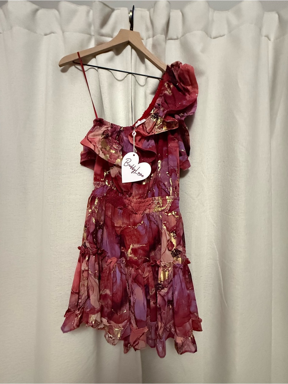 Buddy Love One-Shoulder Ruffle Dress in Berry and Gold